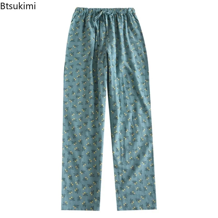 Pantalon de pyjama femme en double gaze 100% coton, imprimé floral, coupe ample et respirante. - NGSHOP-ONE