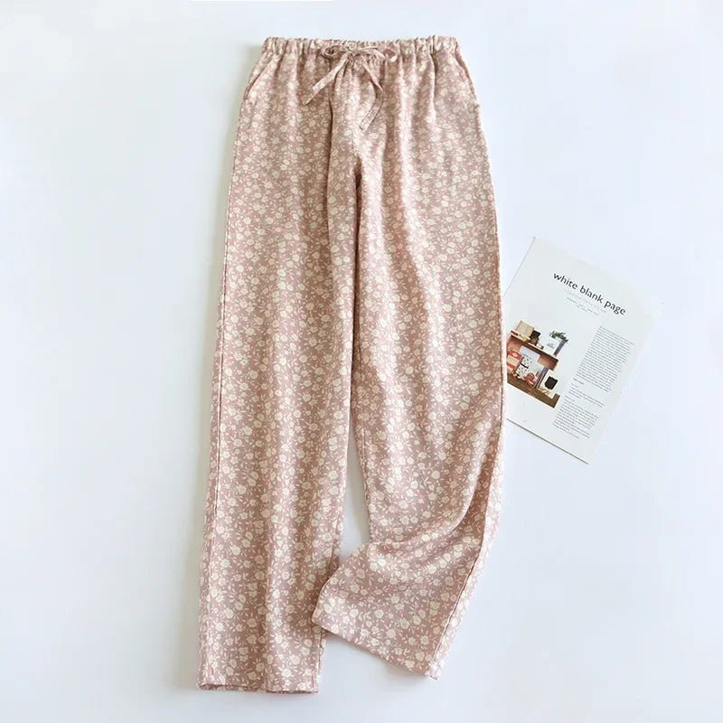Pantalon de pyjama femme en double gaze 100% coton, imprimé floral, coupe ample et respirante. - NGSHOP-ONE