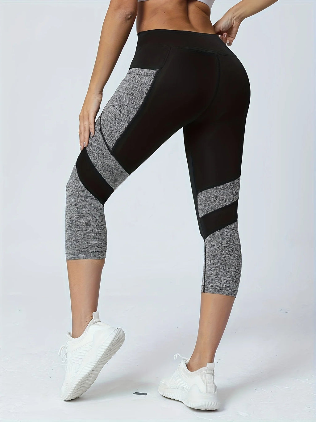 Pantalon de yoga taille haute à poches patchwork pour femme, legging capri gainant. - NGSHOP-ONE