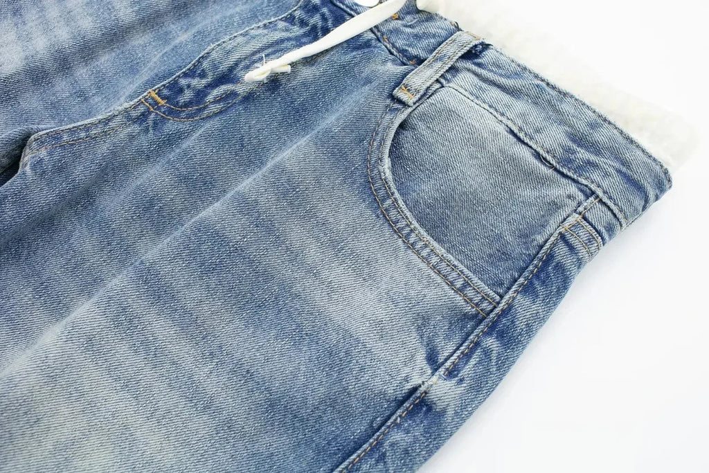 Pantalon en jean patchwork tendance femme: coupe décontractée, taille mi-haute - NGSHOP-ONE