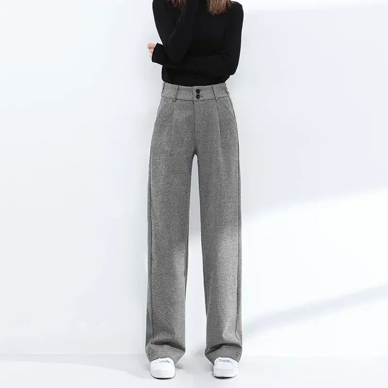 Pantalon long en laine, taille haute, coupe ample et fluide, style décontracté. - NGSHOP-ONE