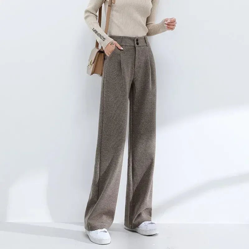 Pantalon long en laine, taille haute, coupe ample et fluide, style décontracté. - NGSHOP-ONE