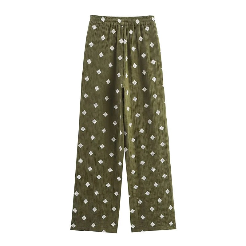 Pantalon vert brodé pour femme, style vintage, taille haute élastique, coupe droite, décontracté - NGSHOP-ONE