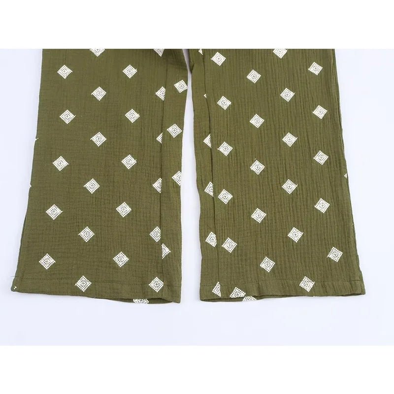 Pantalon vert brodé pour femme, style vintage, taille haute élastique, coupe droite, décontracté - NGSHOP-ONE