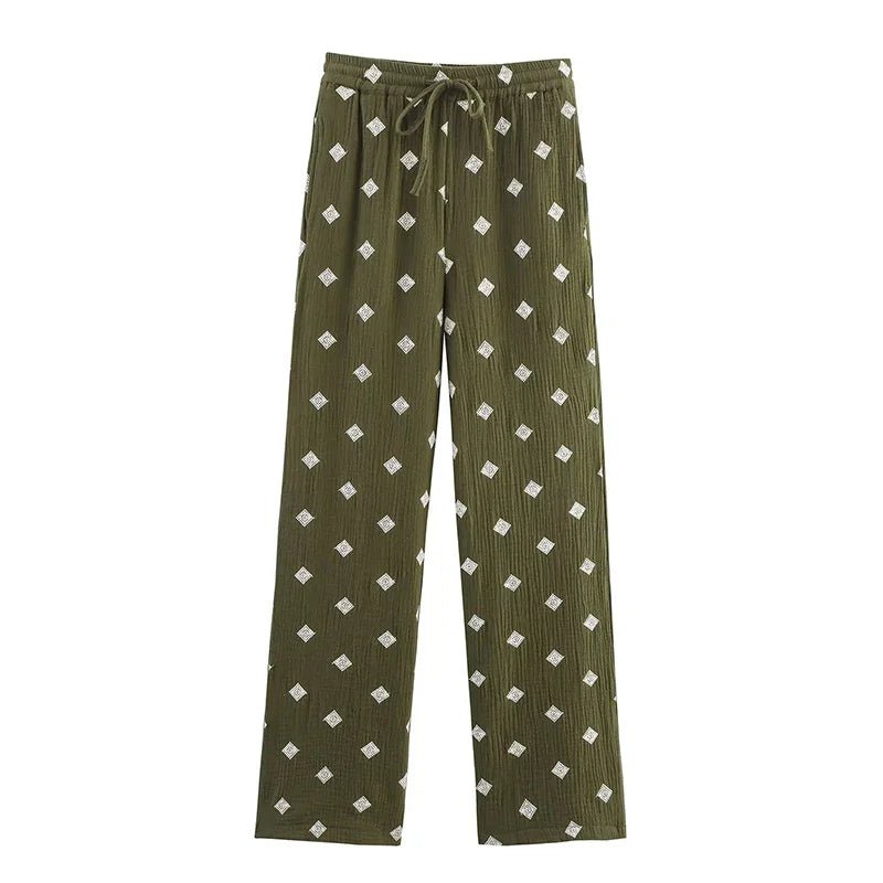 Pantalon vert brodé pour femme, style vintage, taille haute élastique, coupe droite, décontracté - NGSHOP-ONE