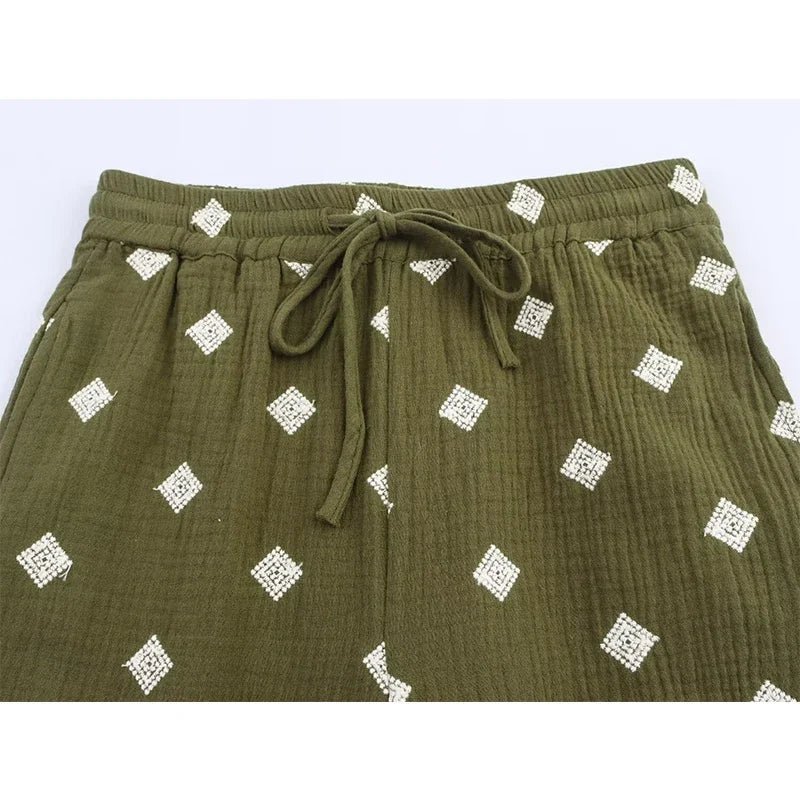 Pantalon vert brodé pour femme, style vintage, taille haute élastique, coupe droite, décontracté - NGSHOP-ONE