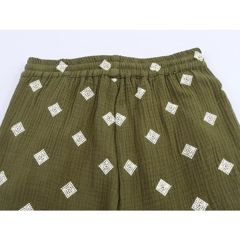 Pantalon vert brodé pour femme, style vintage, taille haute élastique, coupe droite, décontracté - NGSHOP-ONE