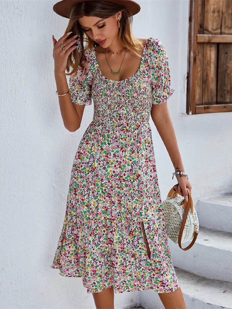 Robe d'Été Fleurie Style Bohème avec Taille Élastique Confortable - NGSHOP-ONE