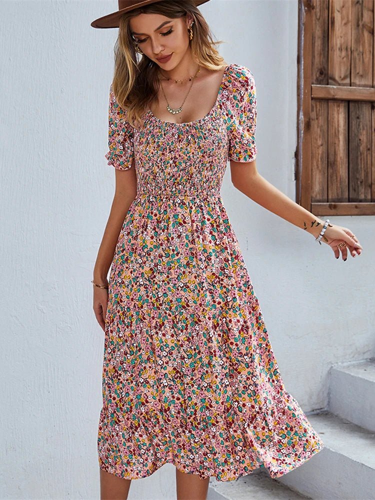 Robe d'Été Fleurie Style Bohème avec Taille Élastique Confortable - NGSHOP-ONE
