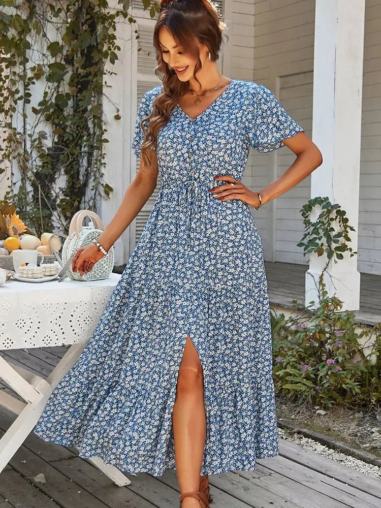 Robe Longue Fleurie Vintage Style Bohème à Boutons pour Femme - NGSHOP-ONE