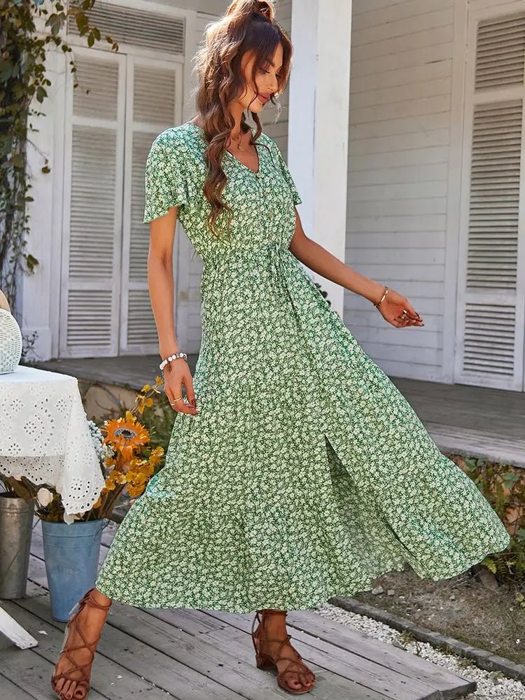 Robe Longue Fleurie Vintage Style Bohème à Boutons pour Femme - NGSHOP-ONE
