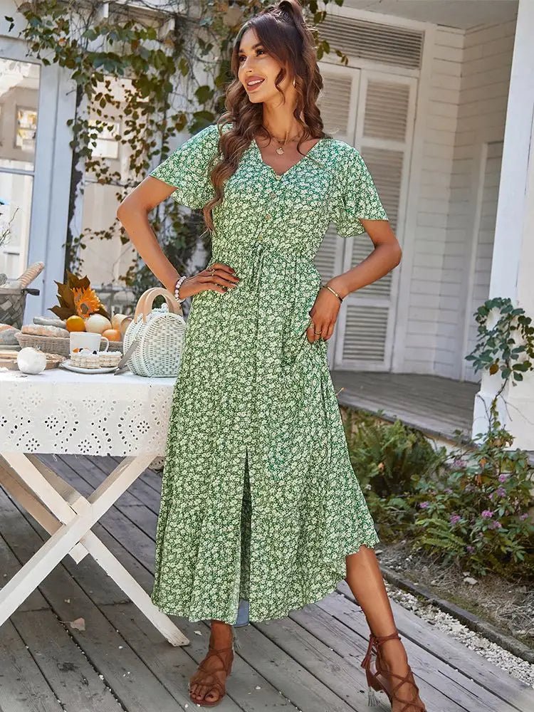 Robe Longue Fleurie Vintage Style Bohème à Boutons pour Femme - NGSHOP-ONE