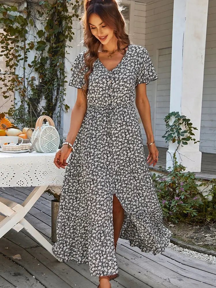 Robe Longue Fleurie Vintage Style Bohème à Boutons pour Femme - NGSHOP-ONE