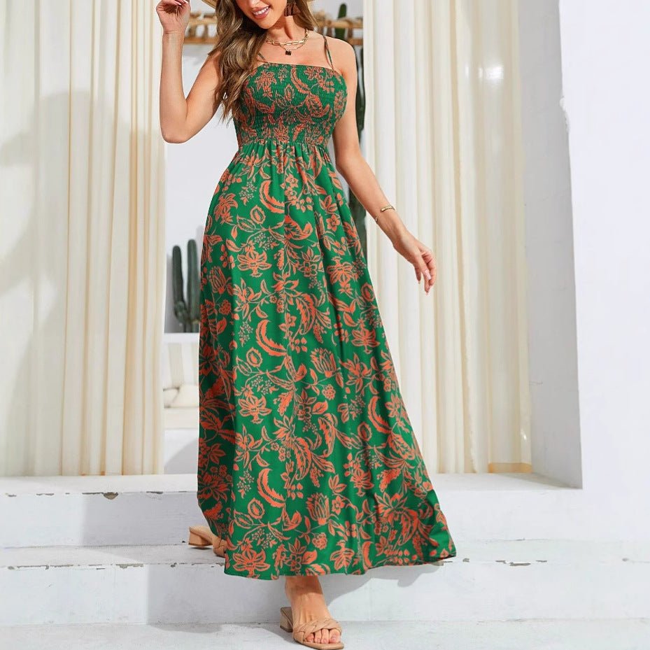 Strap Printed Dress Sleeveless One - Shoulder Long Dress - NGSHOP - ONE