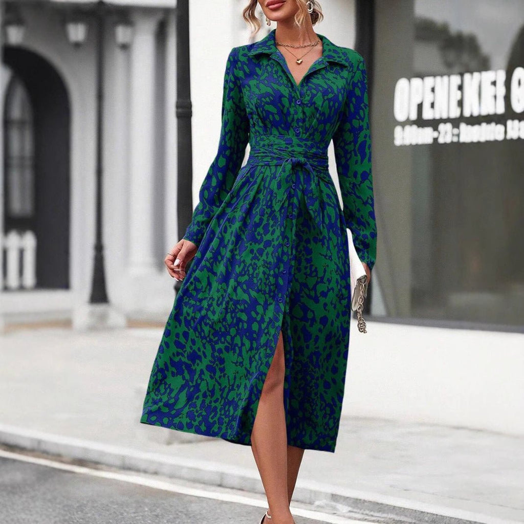 style dress with shirt collar, belt, long skirt for women - NGSHOP - ONE