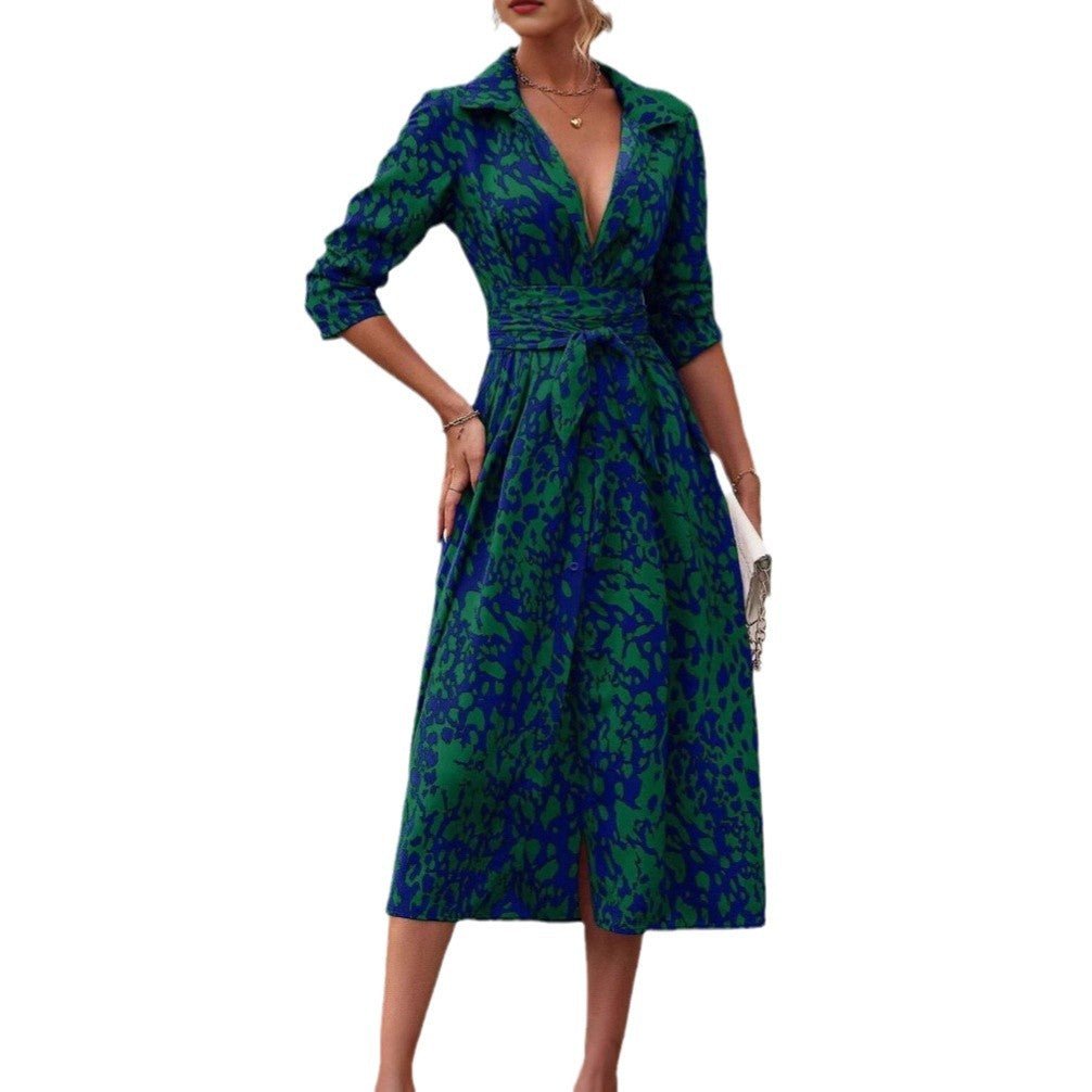 style dress with shirt collar, belt, long skirt for women - NGSHOP - ONE