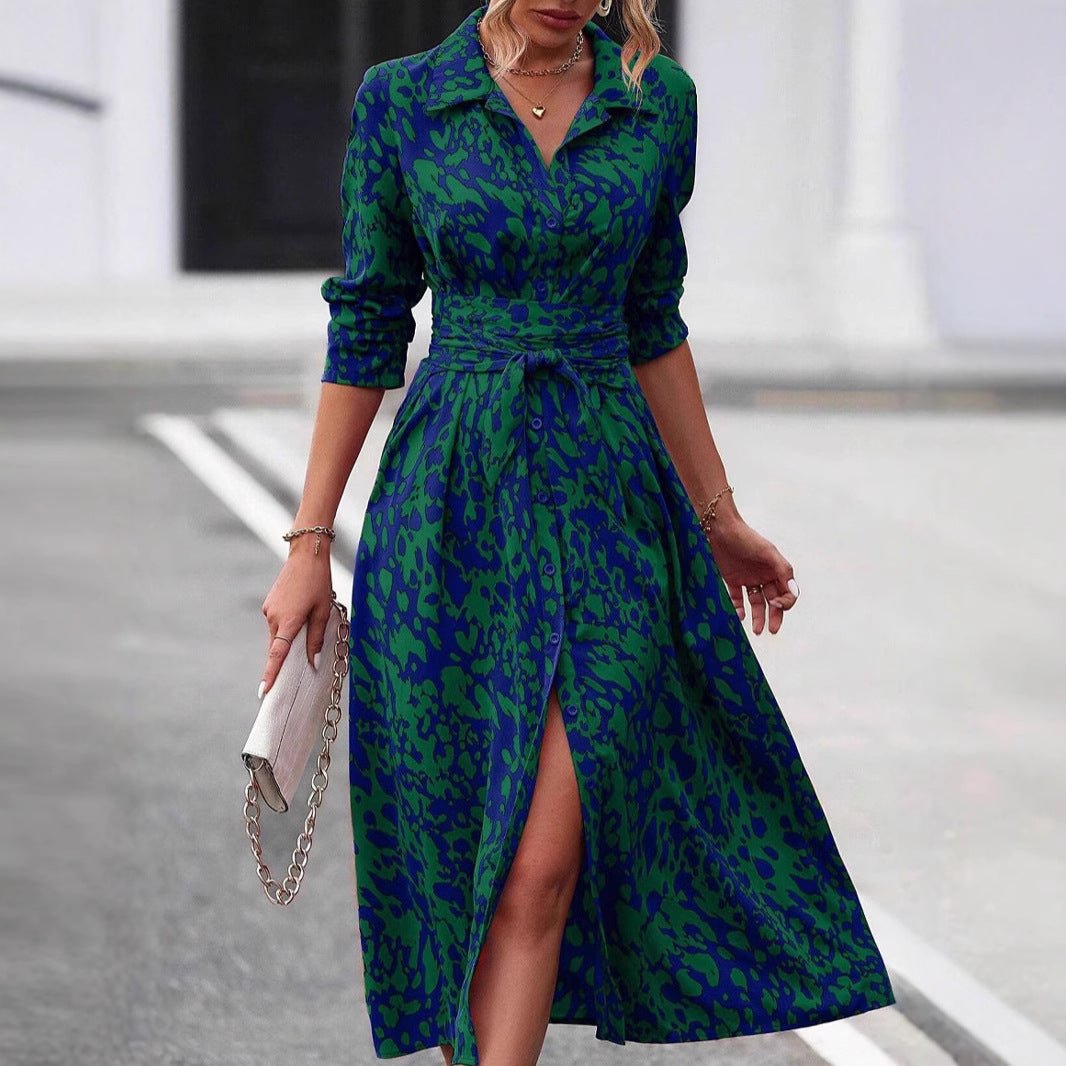 style dress with shirt collar, belt, long skirt for women - NGSHOP - ONE