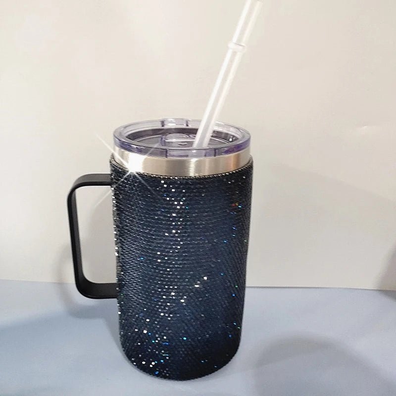 Tasse de voyage café acier inoxydable 720 ml, poignée strass diamants, style bouteille scintillante. - NGSHOP-ONE