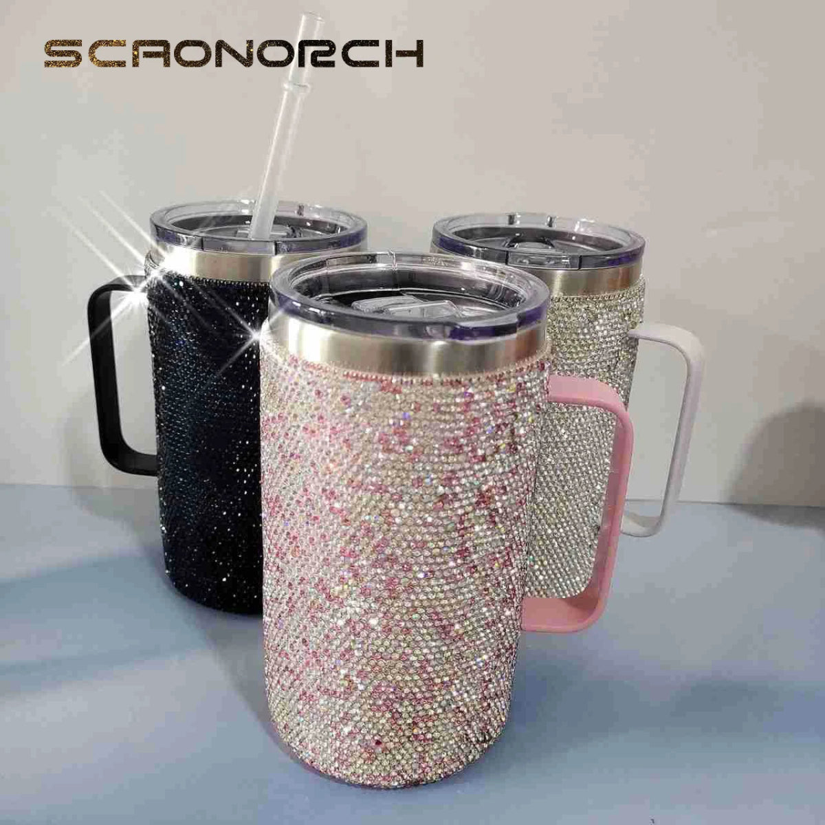 Tasse de voyage café acier inoxydable 720 ml, poignée strass diamants, style bouteille scintillante. - NGSHOP-ONE