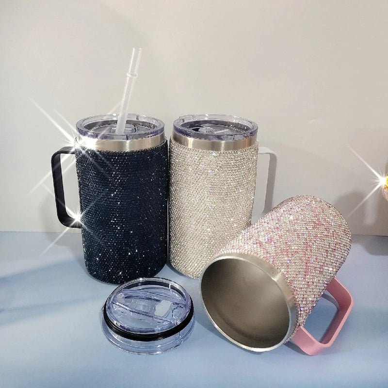 Tasse de voyage café acier inoxydable 720 ml, poignée strass diamants, style bouteille scintillante. - NGSHOP-ONE